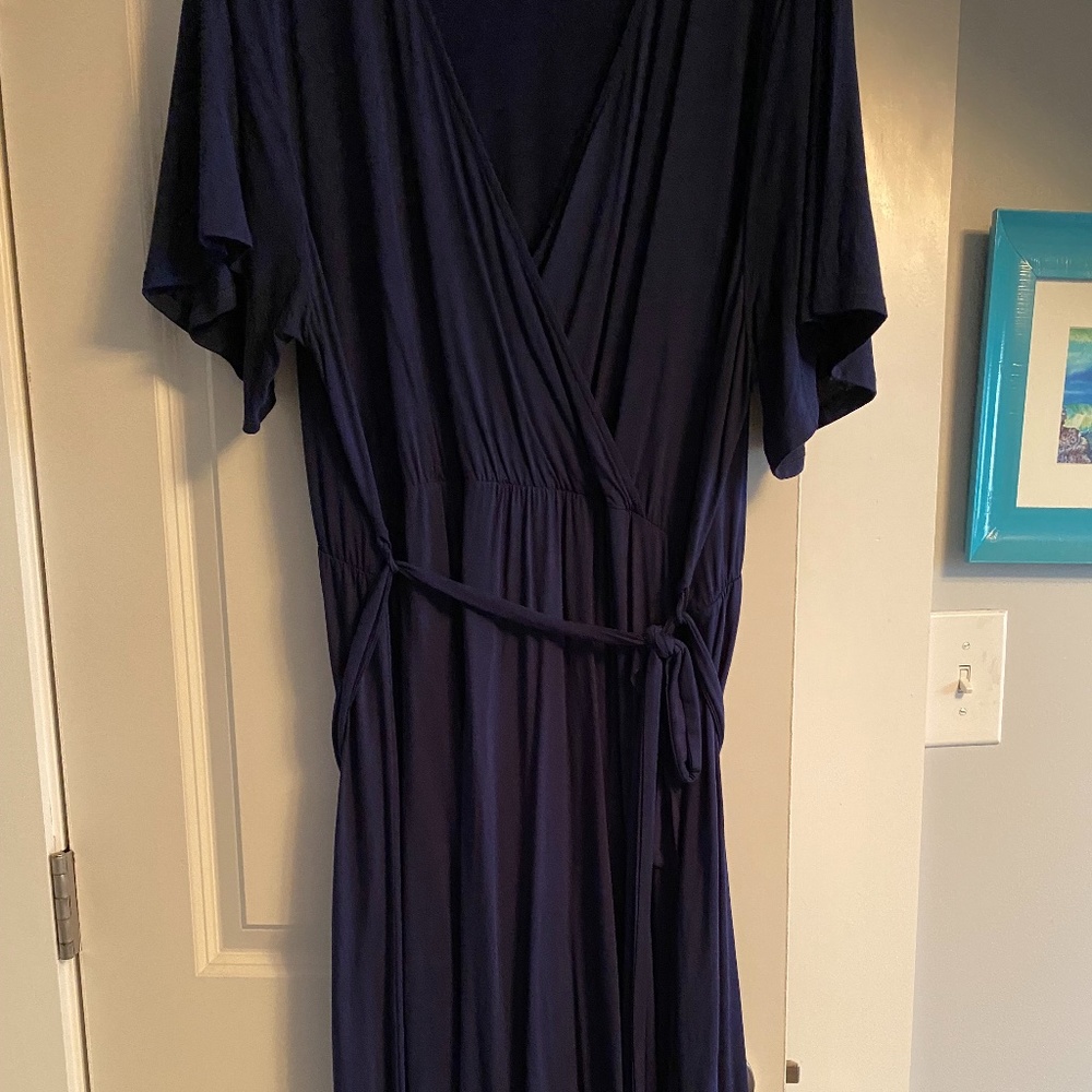 High Low Faux Wrap Navy Blue Midi Dress